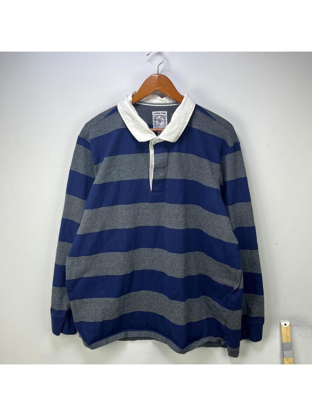 Vtg Lands End Navy Gray Block Stripe Rugby Polo Shirt 2XL